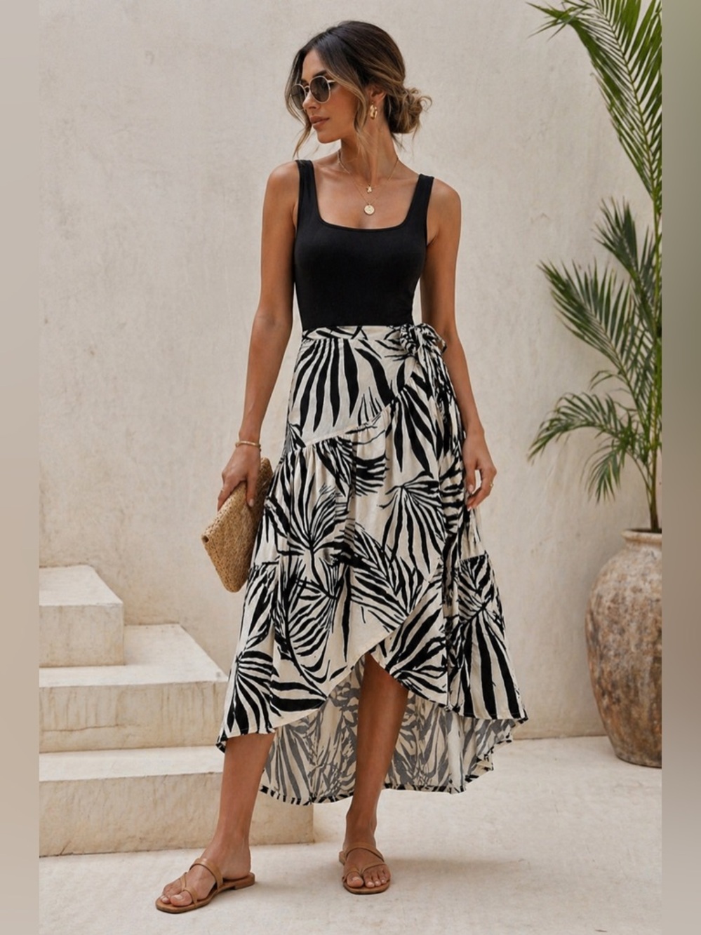 Rachel Zoe Black White Palm Print Wrap Skirt Size L Resort Midi Tropical Coastal